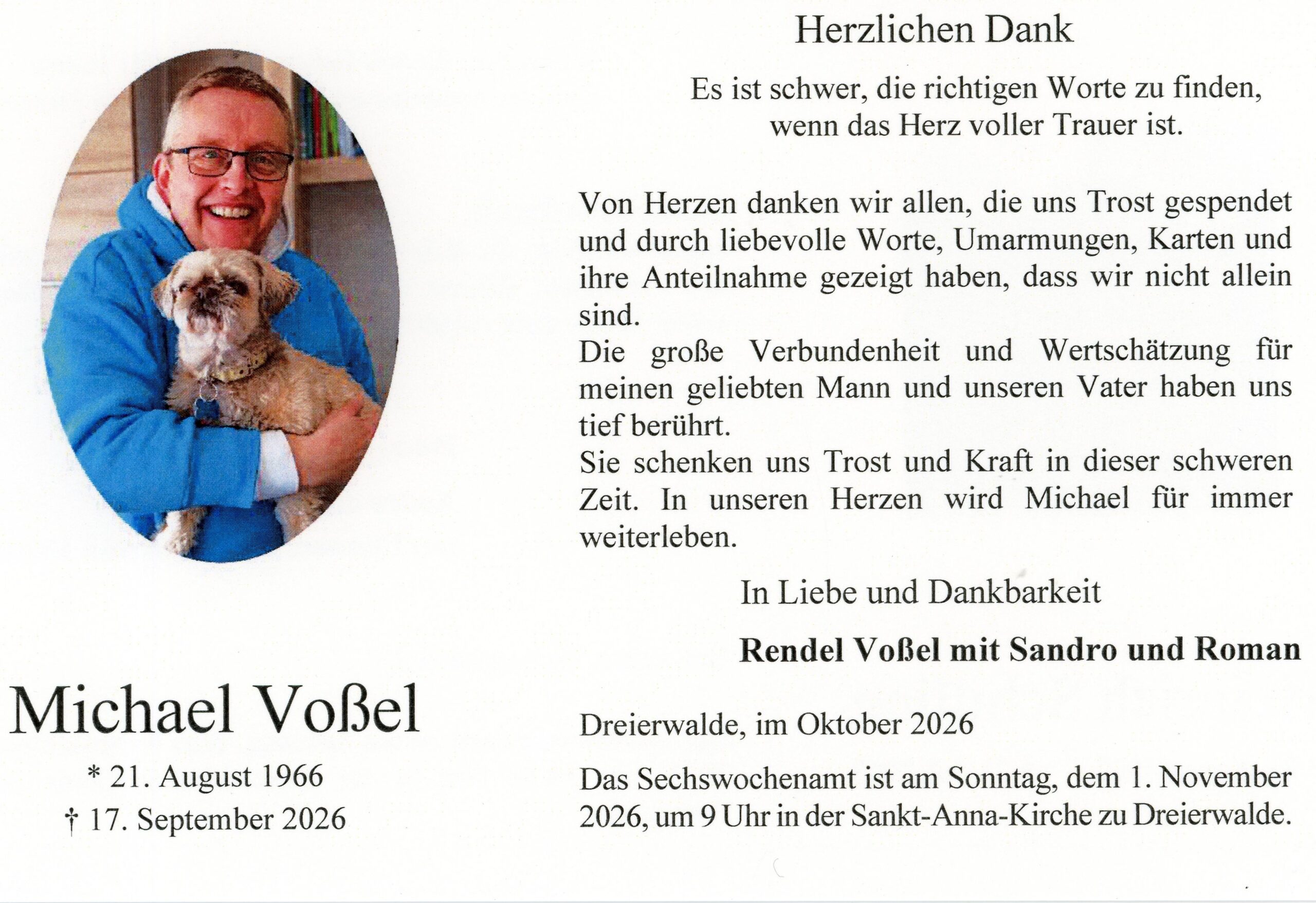 Trauerdankkarte Michael Voßel